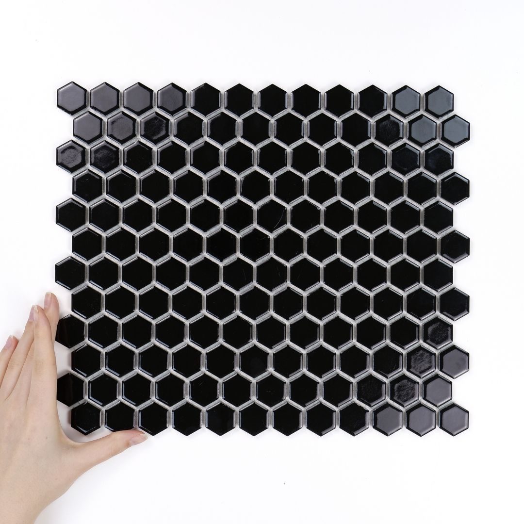 Fliese Hexagon Klein Schwarz Glänzend