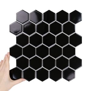 Fliese Hexagon Groß Schwarz Glänzend