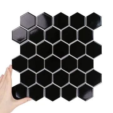 Fliese Hexagon Groß Schwarz Glänzend