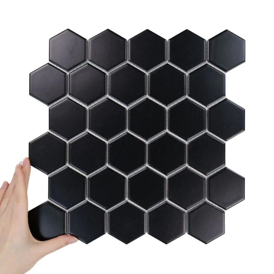 Fliese Hexagon Groß Schwarz Matt